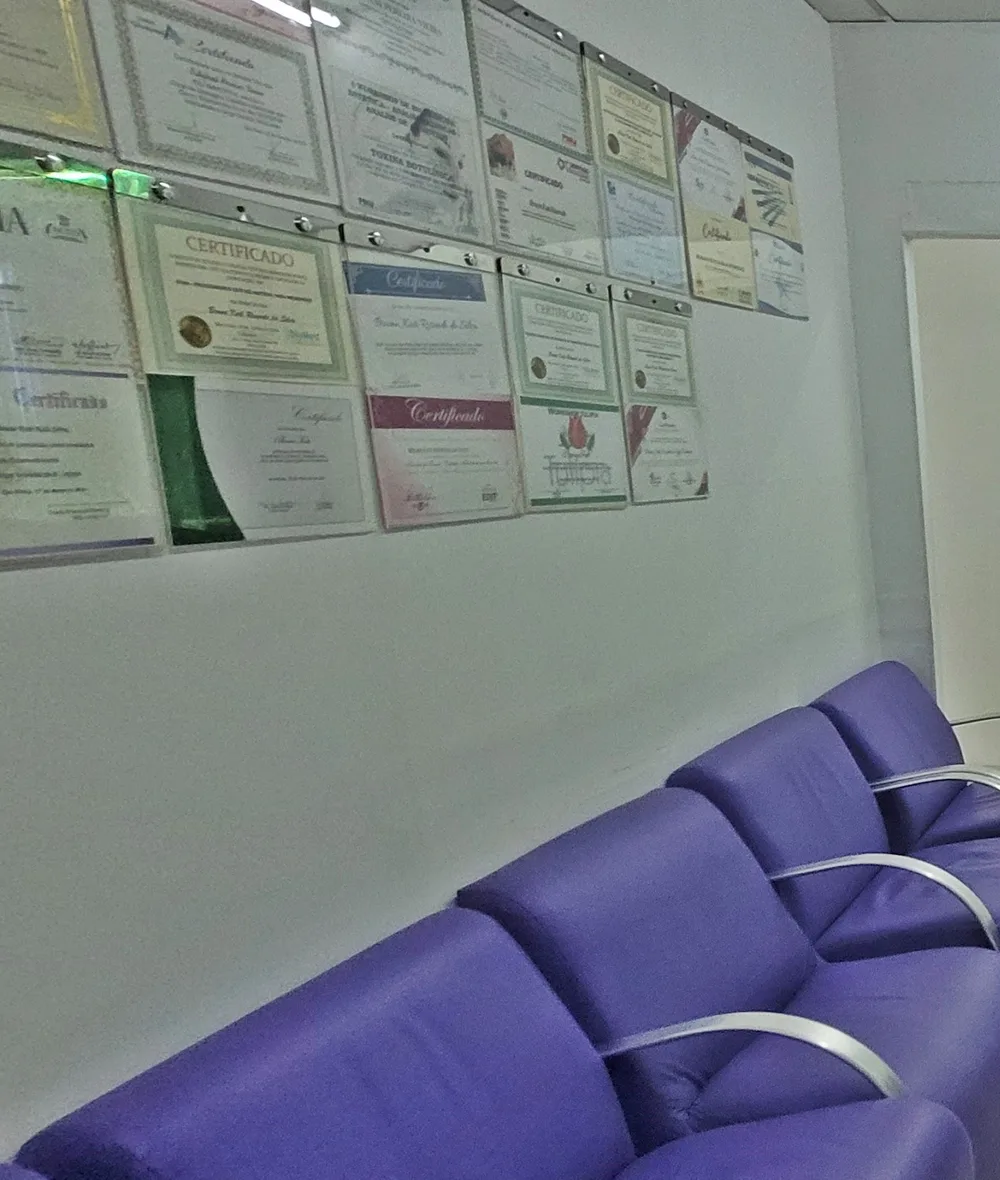 Parede de certificados e diplomas da Estética BK, acima do sofá lilás da recepção